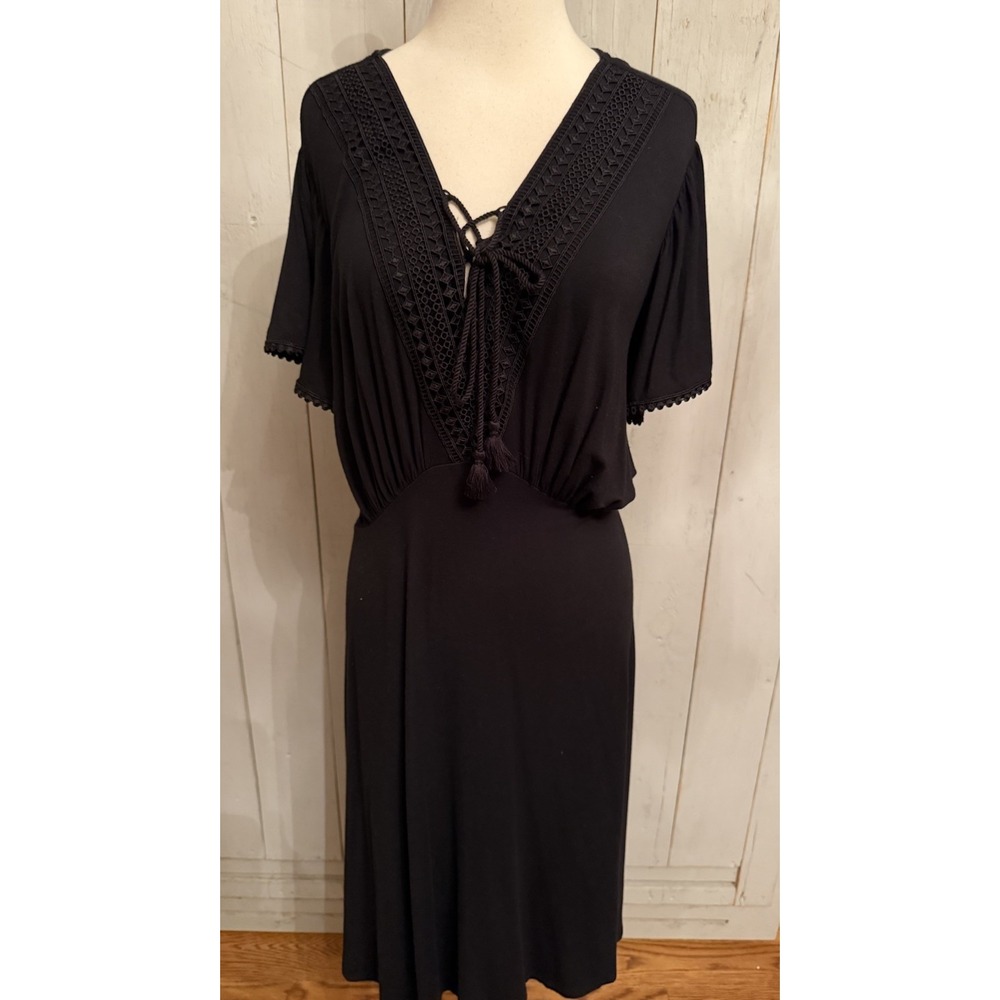 Lane Bryant Black Embroidered Flutter Sleeve Tie Knit Midi Rayon Dress Sz-22/24